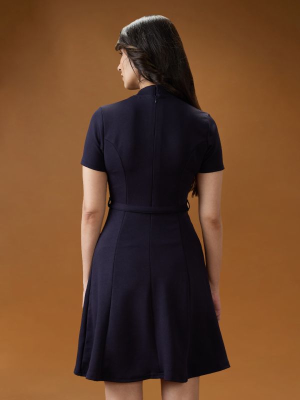 Globus Women Navy Blue High Neck Short Sleeves Solid Mini Belted A-Line Workwear Dress