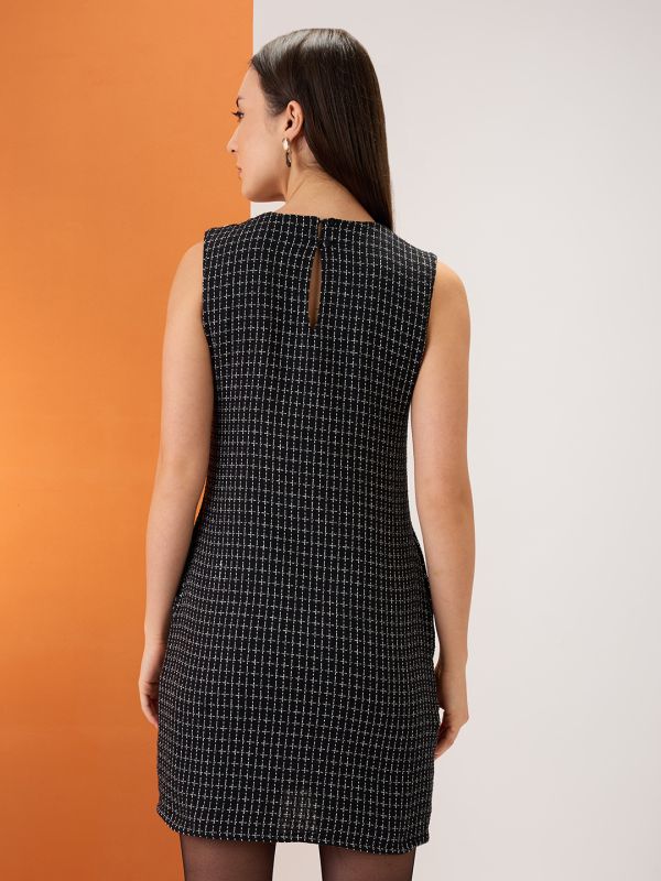 Globus Women Black Tweed Checkered Round Neck Utility Pockets Mini Sheath Workwear Dress