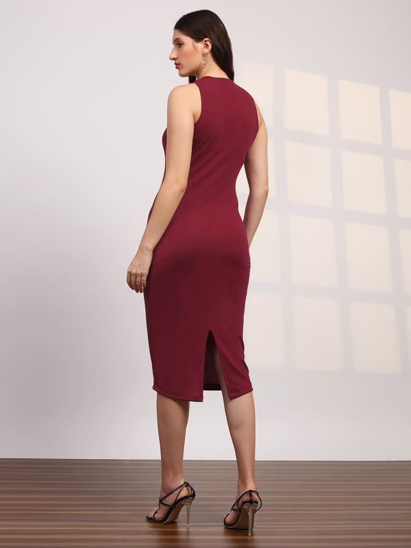 Globus Women Maroon Halter Neck Ribbed Midi Bodycon Dress