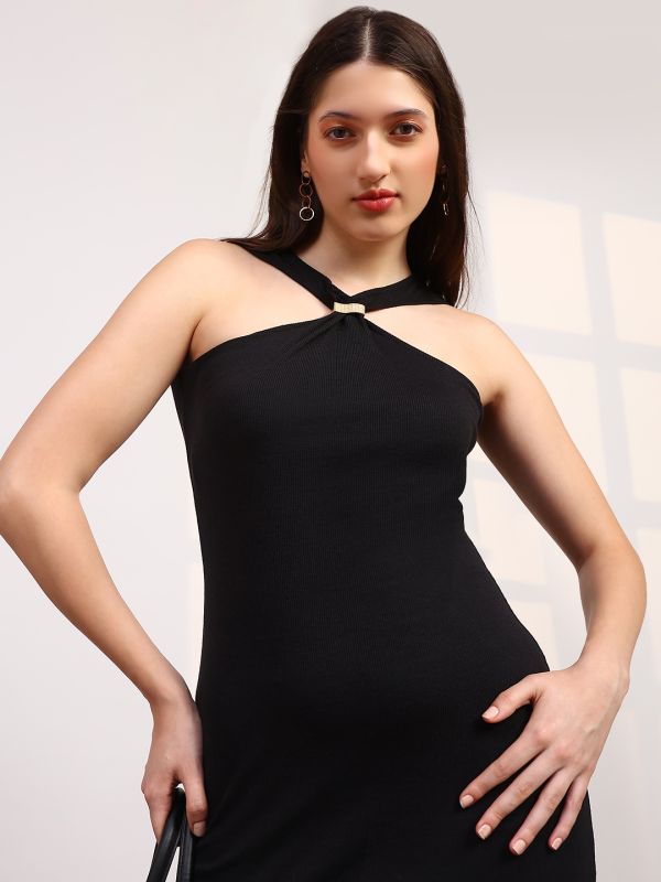 Globus Women Black Halter Neck Ribbed Midi Bodycon Dress