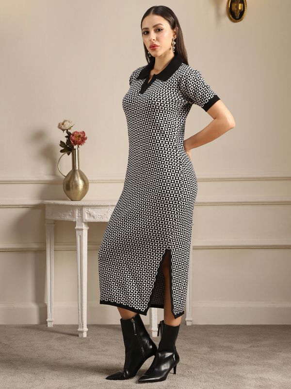 Globus Women Black Collared Neck Acrylic Geometric Pattern Side Slit Midi Bodycon Dress
