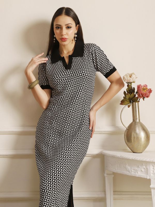 Globus Women Black Collared Neck Acrylic Geometric Pattern Side Slit Midi Bodycon Dress