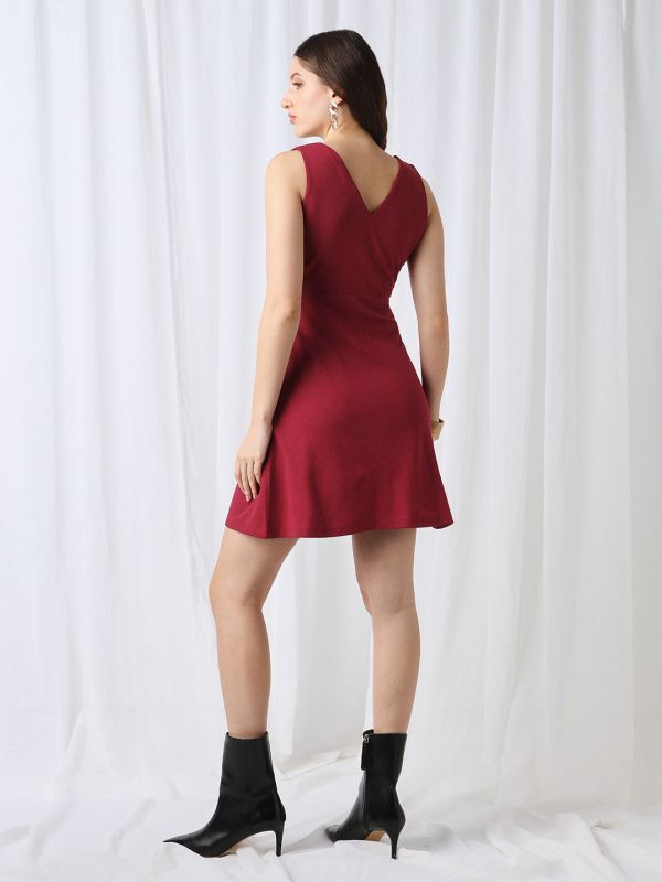 Globus Women Maroon V-Neck Sleeveless Self Design Pleated Detail Mini Fit & Flare Dress