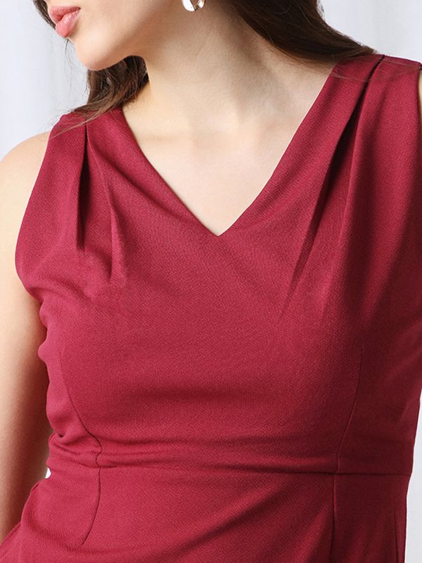 Globus Women Maroon V-Neck Sleeveless Self Design Pleated Detail Mini Fit & Flare Dress