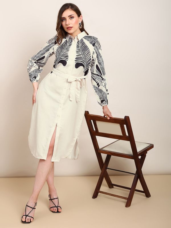 Globus Women Beige Abstract Print Collared Neck Curved Hem Belted Midi Shirt Style Dress