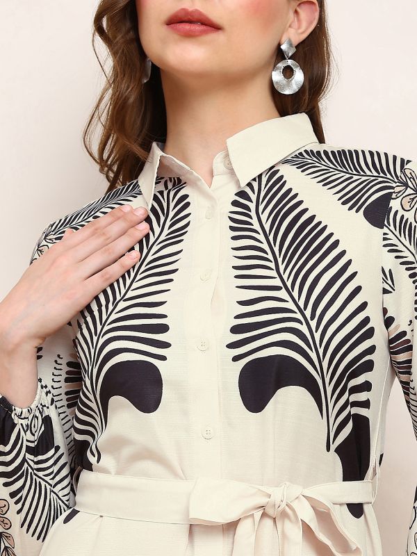 Globus Women Beige Abstract Print Collared Neck Curved Hem Belted Midi Shirt Style Dress