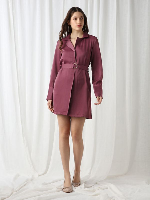 Globus Women Pink Notched Lapel Cuffed Sleeves Self Design Mini Workwear Blazer Dress With D-Ring Belt