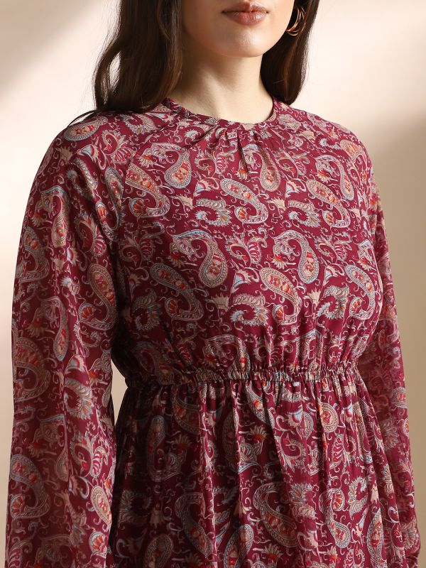 Globus Women Red Paisley Printed Bishop Sleeves Gathered & Pleat Tiered Fit & Flare Midi Dress