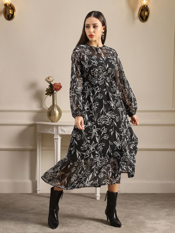 Globus Women Black Allover Floral Printed Bishop Sleeves Gathered & Pleat Tiered Fit & Flare Midi Dress