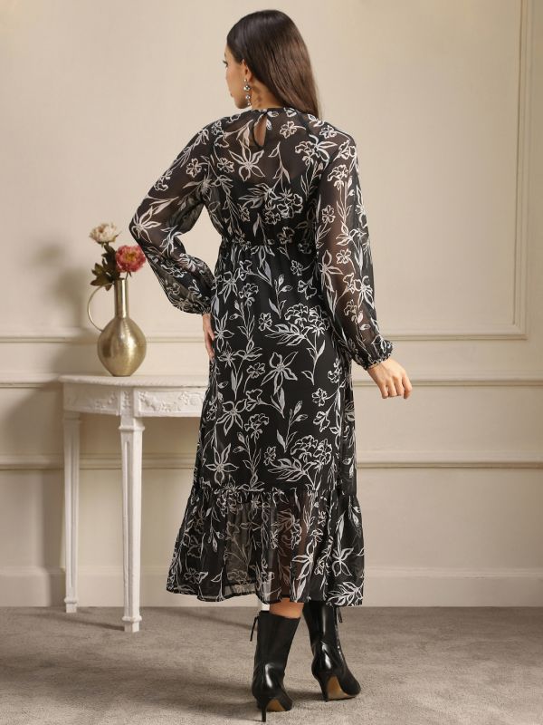 Globus Women Black Allover Floral Printed Bishop Sleeves Gathered & Pleat Tiered Fit & Flare Midi Dress