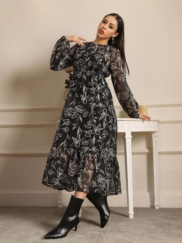 Globus Women Black Allover Floral Printed Bishop Sleeves Gathered & Pleat Tiered Fit & Flare Midi Dress