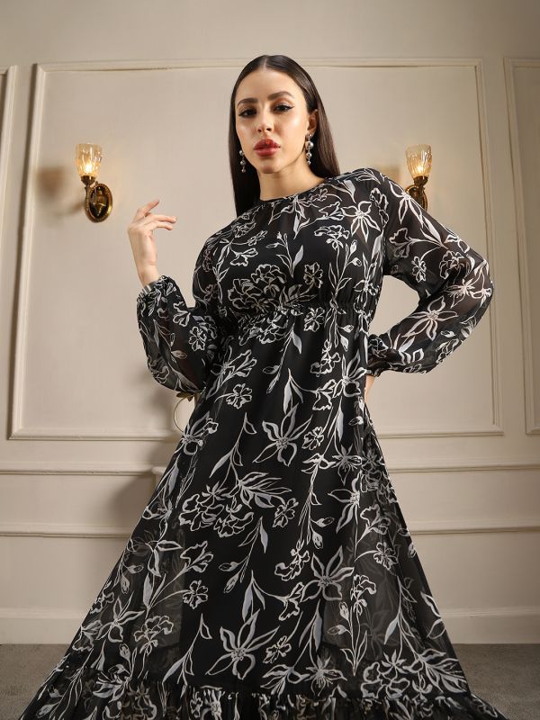 Globus Women Black Allover Floral Printed Bishop Sleeves Gathered & Pleat Tiered Fit & Flare Midi Dress