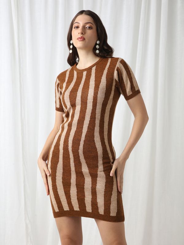 Globus Women Brown Round Neck Short Sleeves Abstract Ribbed Hem Acrylic Mini Bodycon Dress