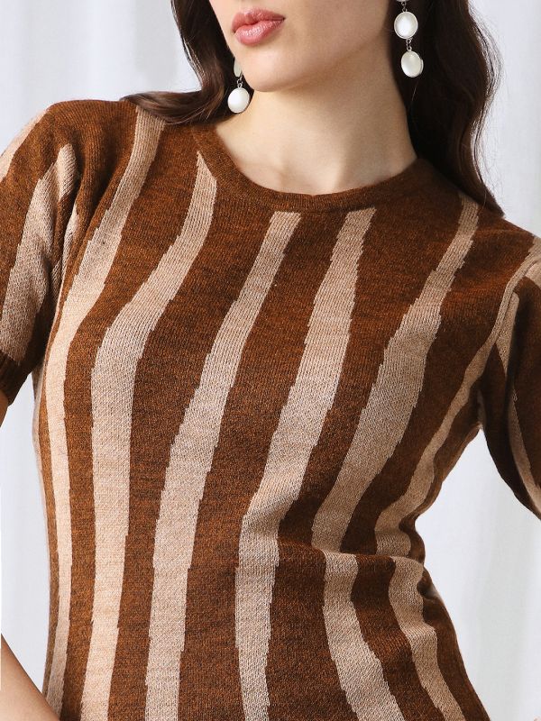Globus Women Brown Round Neck Short Sleeves Abstract Ribbed Hem Acrylic Mini Bodycon Dress
