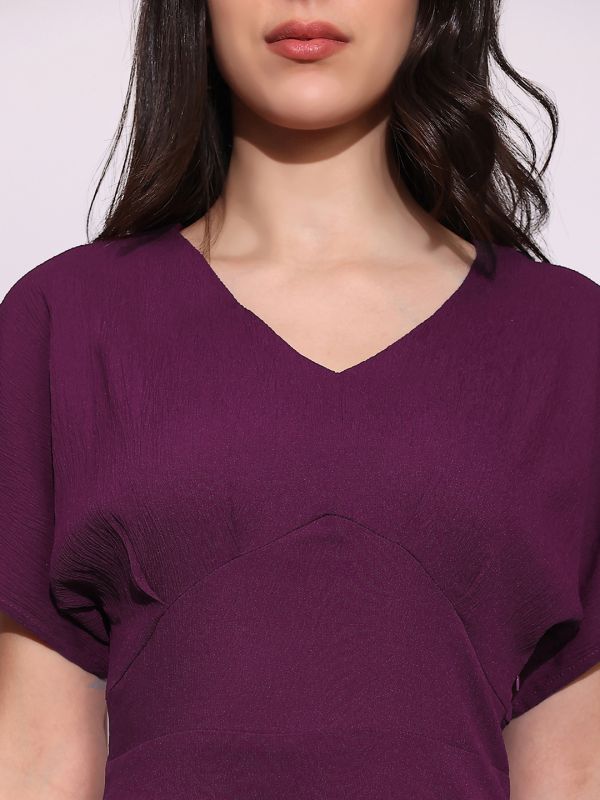 Globus Women Burgundy V-Neck Extended Sleeves Midi A-Line Dress