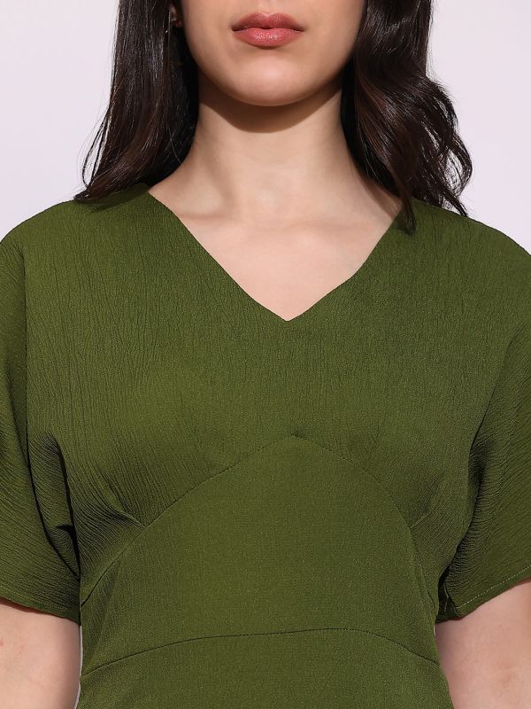 Globus Women Green V-Neck Extended Sleeves Midi A-Line Dress