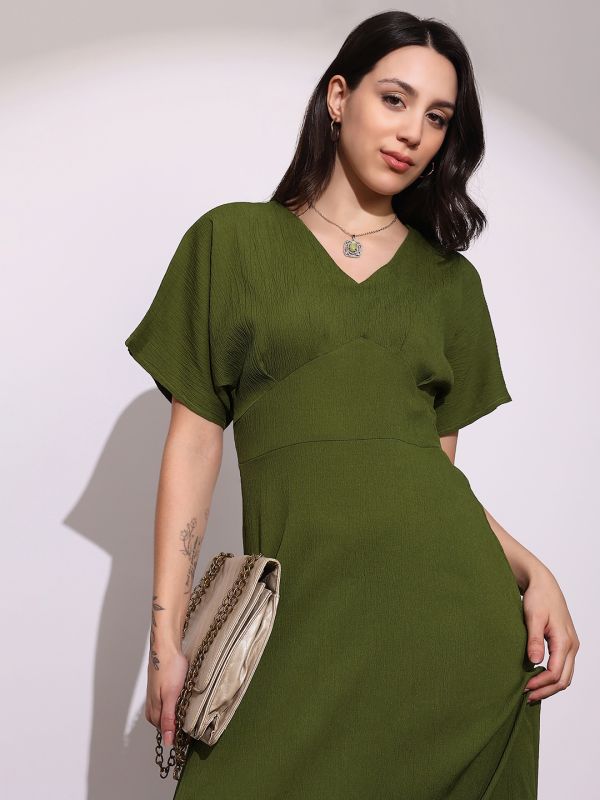 Globus Women Green V-Neck Extended Sleeves Midi A-Line Dress