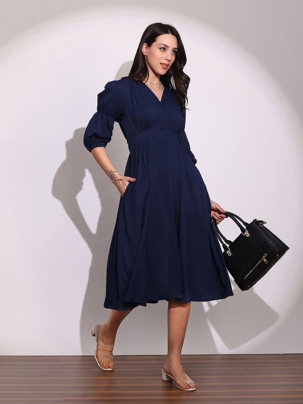 Globus Women Blue V-Neck Puff Sleeves Gathered Details Fit & Flare Midi Dress