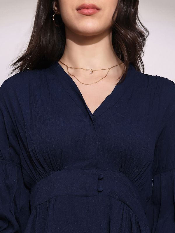 Globus Women Blue V-Neck Puff Sleeves Gathered Details Fit & Flare Midi Dress