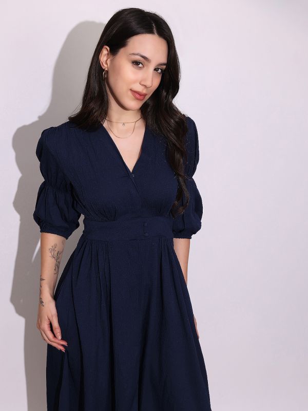 Globus Women Blue V-Neck Puff Sleeves Gathered Details Fit & Flare Midi Dress