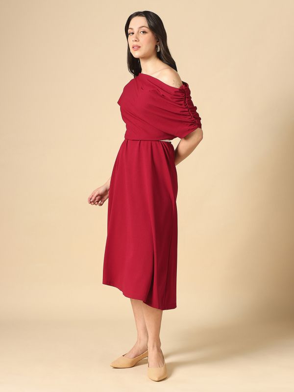 Globus Women Maroon One Shoulder Ruched Sleeve Self Design Fit & Flare Midi Dress