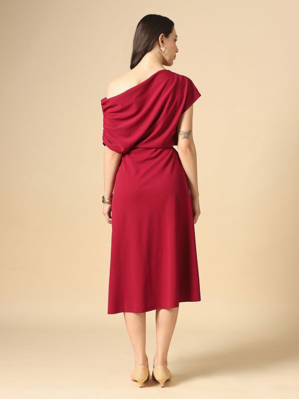 Globus Women Maroon One Shoulder Ruched Sleeve Self Design Fit & Flare Midi Dress