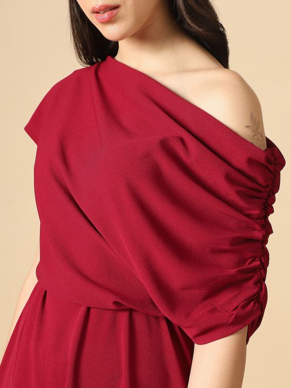 Globus Women Maroon One Shoulder Ruched Sleeve Self Design Fit & Flare Midi Dress
