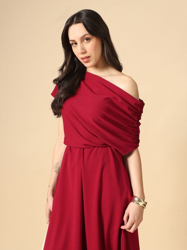 Globus Women Maroon One Shoulder Ruched Sleeve Self Design Fit & Flare Midi Dress