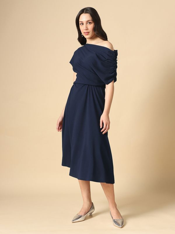 Globus Women Navy Blue One Shoulder Ruched Sleeve Self Design Fit & Flare Midi Dress