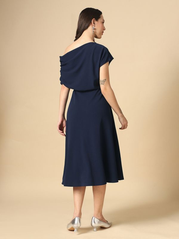 Globus Women Navy Blue One Shoulder Ruched Sleeve Self Design Fit & Flare Midi Dress