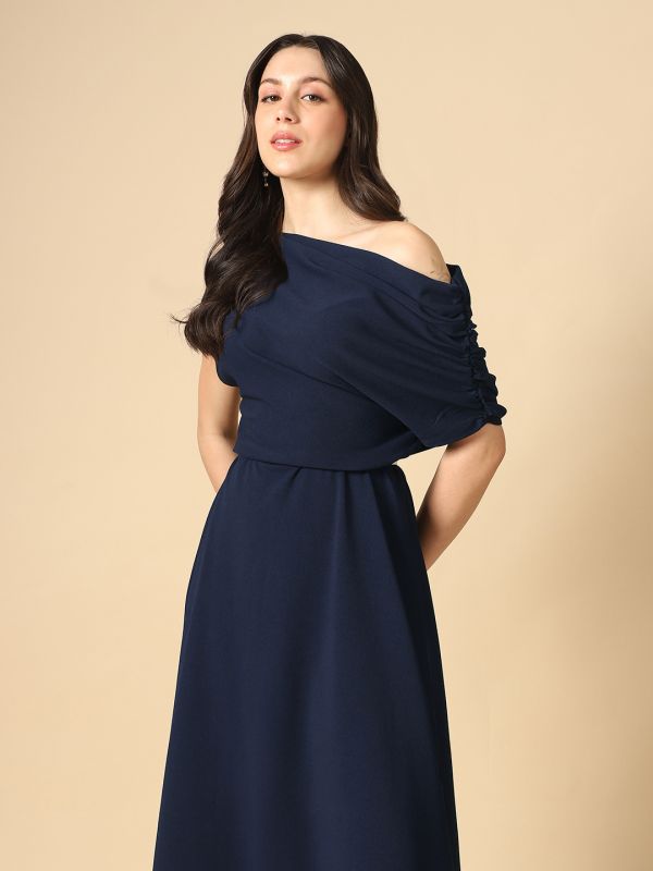 Globus Women Navy Blue One Shoulder Ruched Sleeve Self Design Fit & Flare Midi Dress