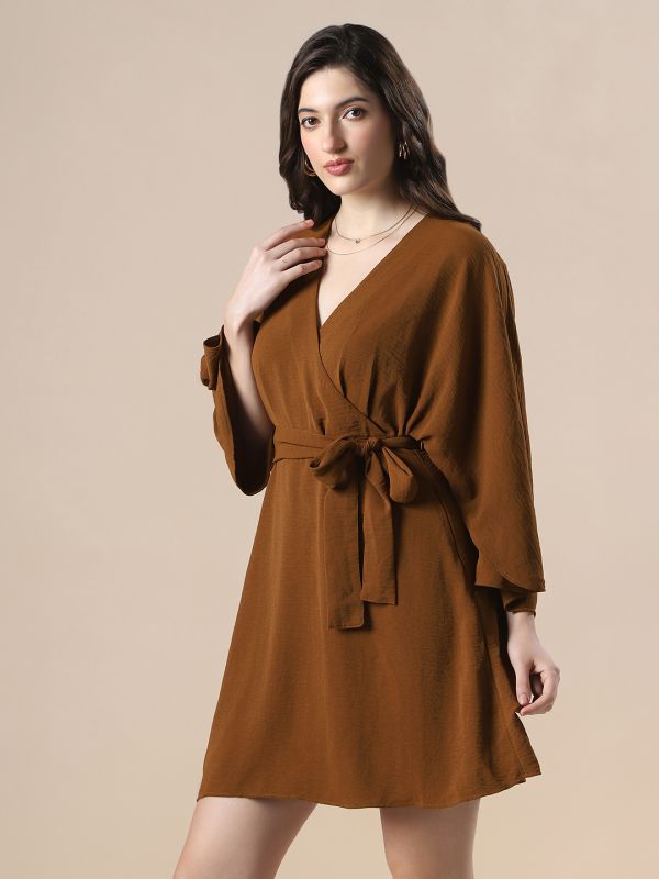 Globus Women Brown Wrap V-Neck Flares Sleeve Waist Tie-Up Mini Dress