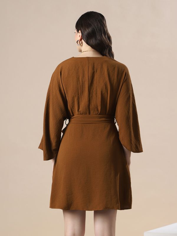 Globus Women Brown Wrap V-Neck Flares Sleeve Waist Tie-Up Mini Dress