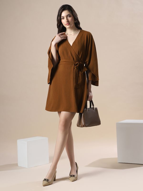 Globus Women Brown Wrap V-Neck Flares Sleeve Waist Tie-Up Mini Dress