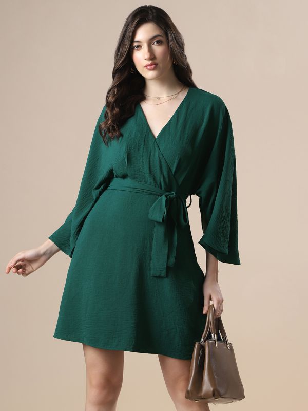 Globus Women Green Wrap V-Neck Extended Sleeves Self Design Mini Fit & Flare Dress With Belt