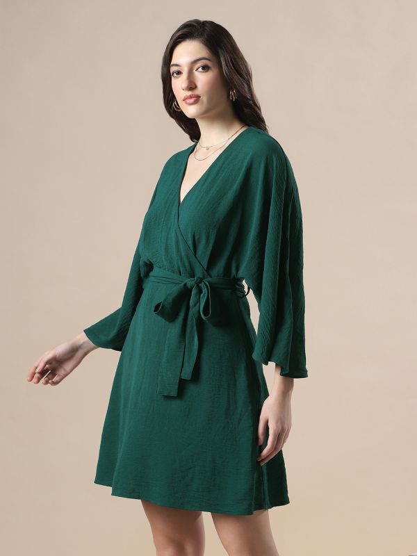 Globus Women Green Wrap V-Neck Extended Sleeves Self Design Mini Fit & Flare Dress With Belt