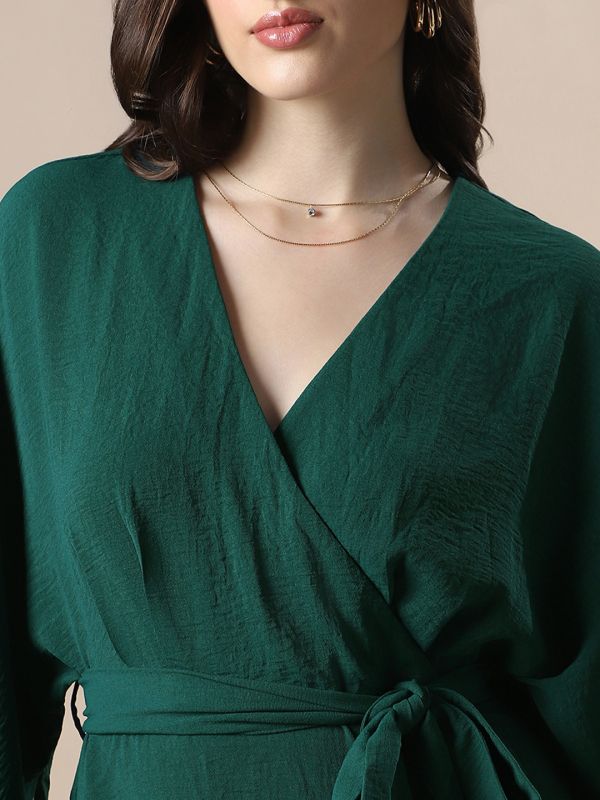 Globus Women Green Wrap V-Neck Extended Sleeves Self Design Mini Fit & Flare Dress With Belt