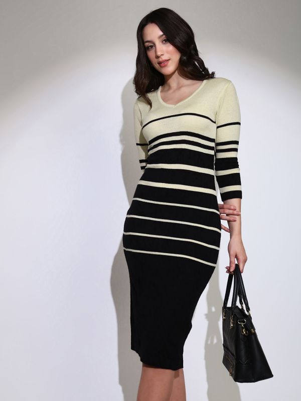 Globus Women Black V-Neck Self Design Acrylic Midi Bodycon Dress