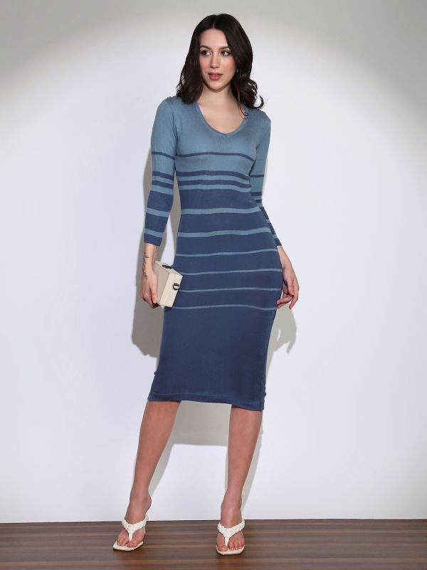 Globus Women Blue V-Neck Self Design Acrylic Midi Bodycon Dress
