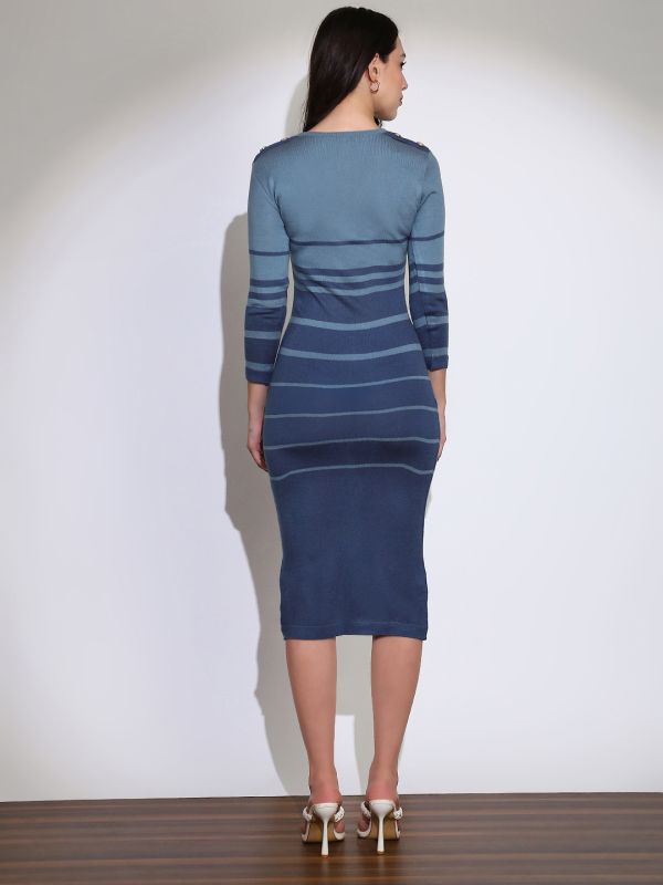 Globus Women Blue V-Neck Self Design Acrylic Midi Bodycon Dress