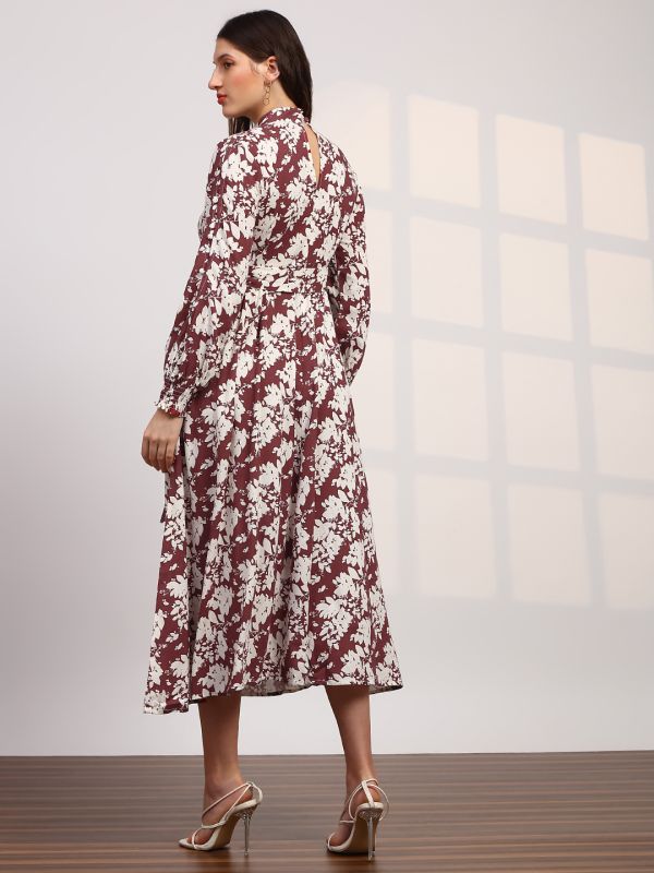 Globus Women Red Allover Floral Print High Neck Bishop Sleeves Belted Fit & Flare Midi Dress