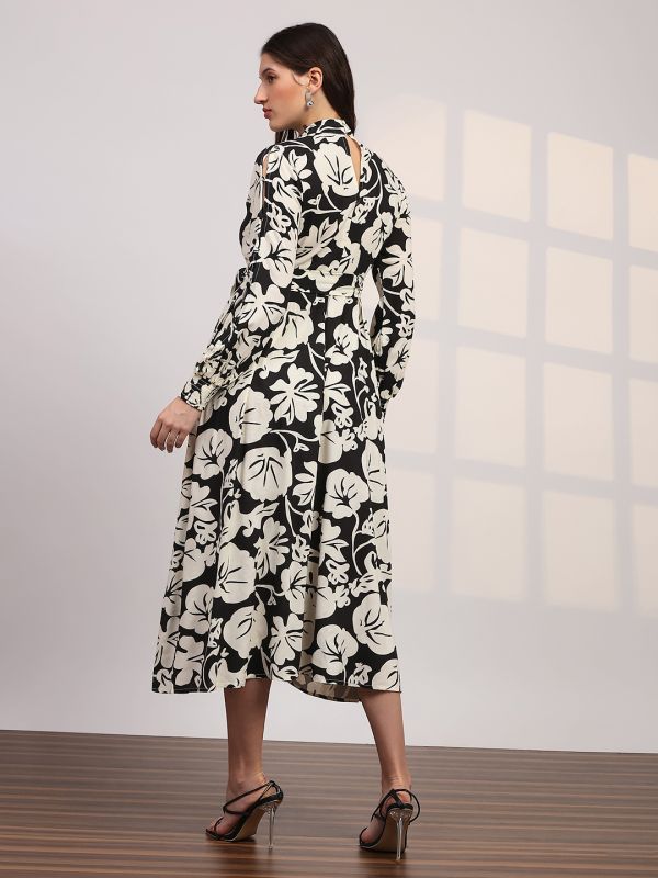 Globus Women Black Allover Floral Print High Neck Bishop Sleeves Belted Fit & Flare Midi Dress