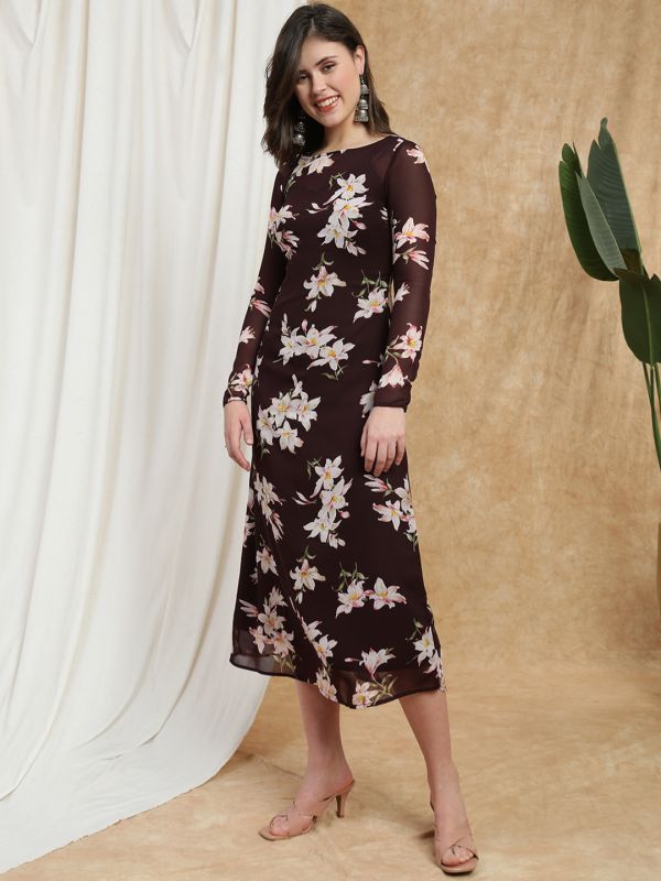 Globus Women Mauve Boat Neck Long Sleeves Floral Print Semi Sheer Midi A-Line Party Dress