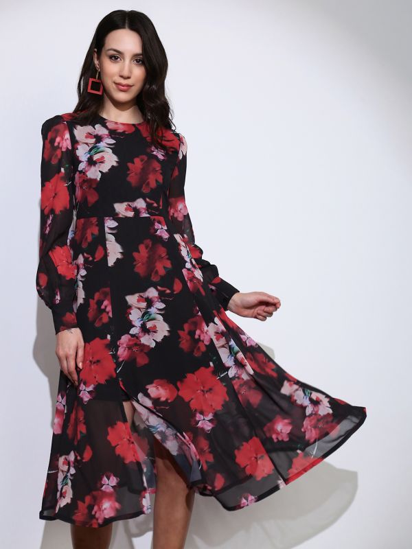 Globus Women Black Floral Print Round Neck Cuffed Sleeve Side Slits Fit & Flared Midi Dress 