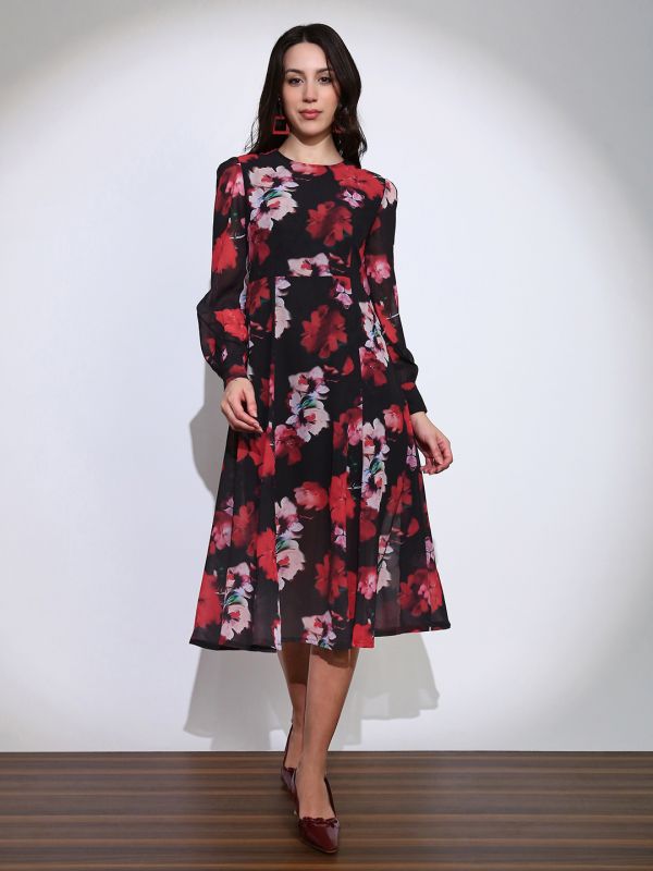 Globus Women Black Floral Print Round Neck Cuffed Sleeve Side Slits Fit & Flared Midi Dress 