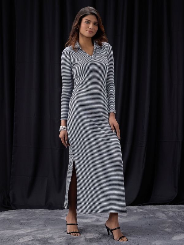 Globus Women Black Collared Neck Long Sleeves Striped Ribbed Side Slits Maxi Bodycon Dress