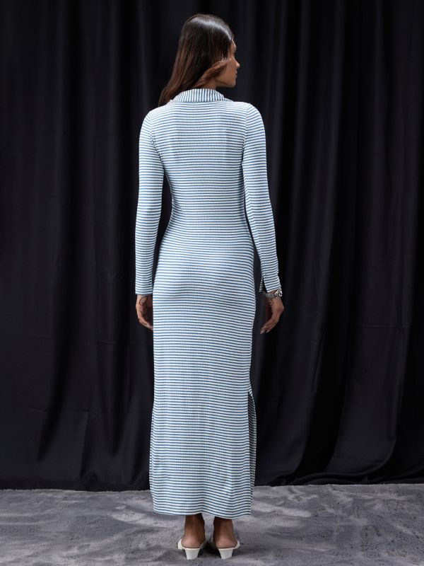 Globus Women Blue Collared Neck Long Sleeves Striped Ribbed Side Slits Maxi Bodycon Dress