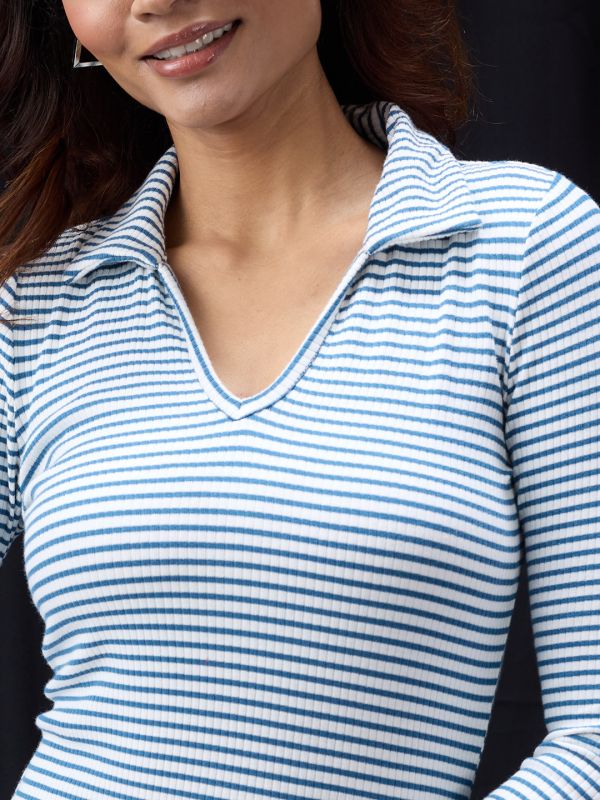 Globus Women Blue Collared Neck Long Sleeves Striped Ribbed Side Slits Maxi Bodycon Dress