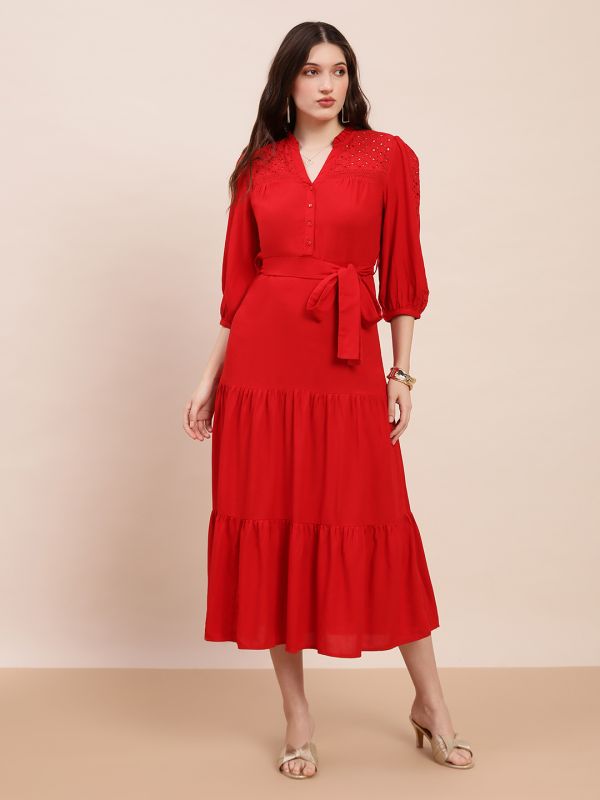 Globus Women Red V-Neck Bishop Sleeves Solid Schiffli Detail Tiered Midi A-Line Party Dress With Belt