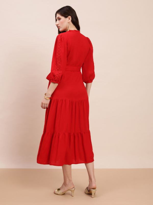 Globus Women Red V-Neck Bishop Sleeves Solid Schiffli Detail Tiered Midi A-Line Party Dress With Belt